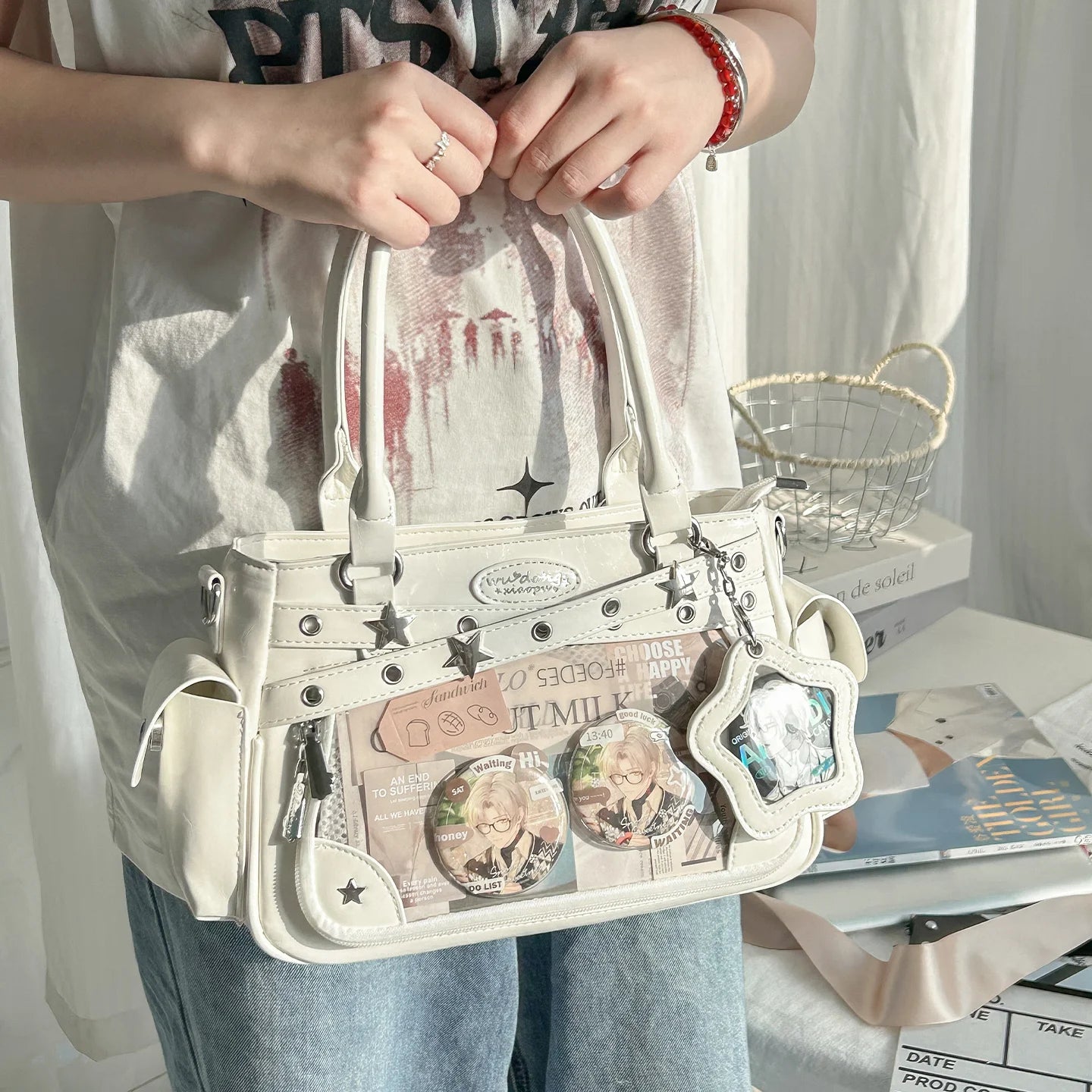 Miyagawa Transparent Rivet PU Tote Bag – Multi-Function Crossbody Shoulder Handbag for Women
