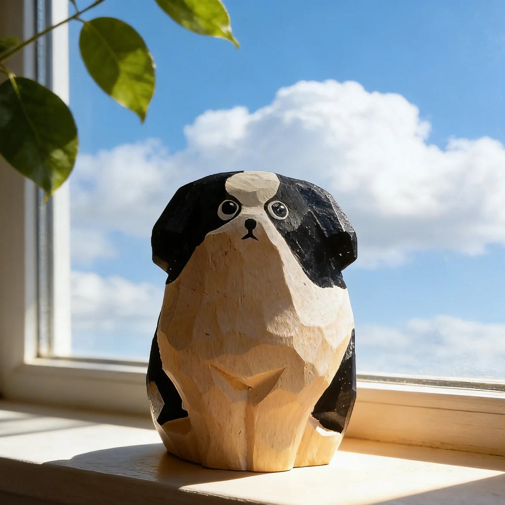 Hand-Carved Wooden Border Collie Figurine