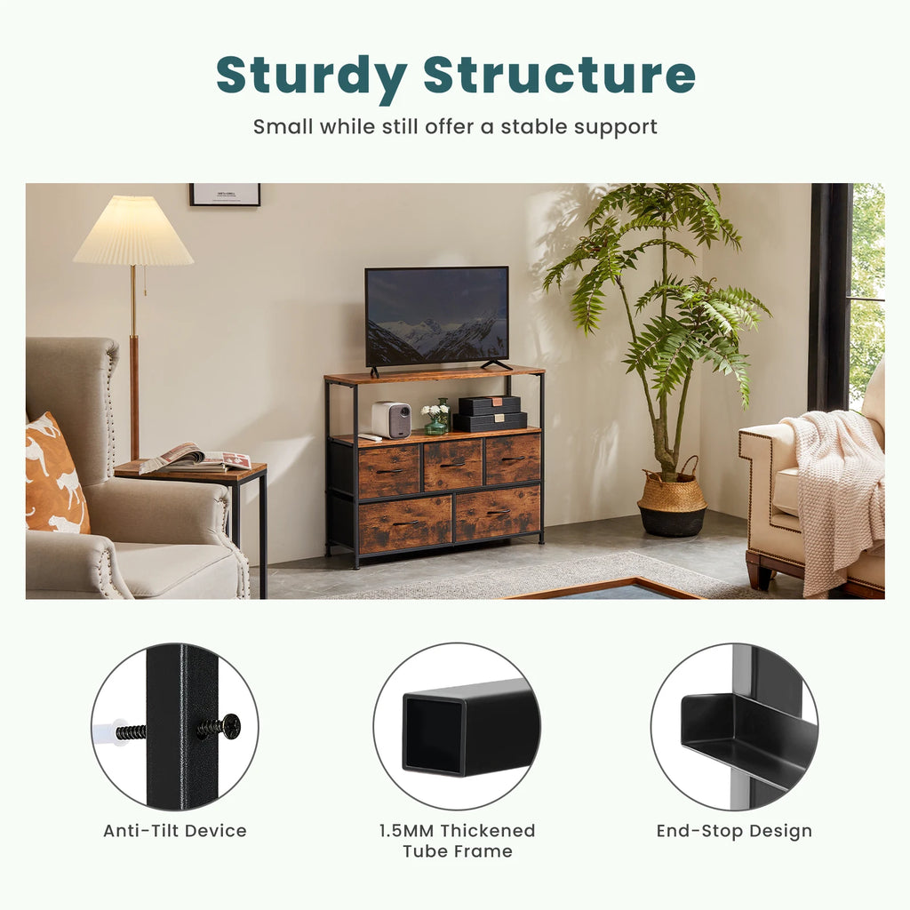 Fireplace TV Stand Dresser with 5 Fabric Drawers — Bedroom Storage Cabinet for 45" TVs