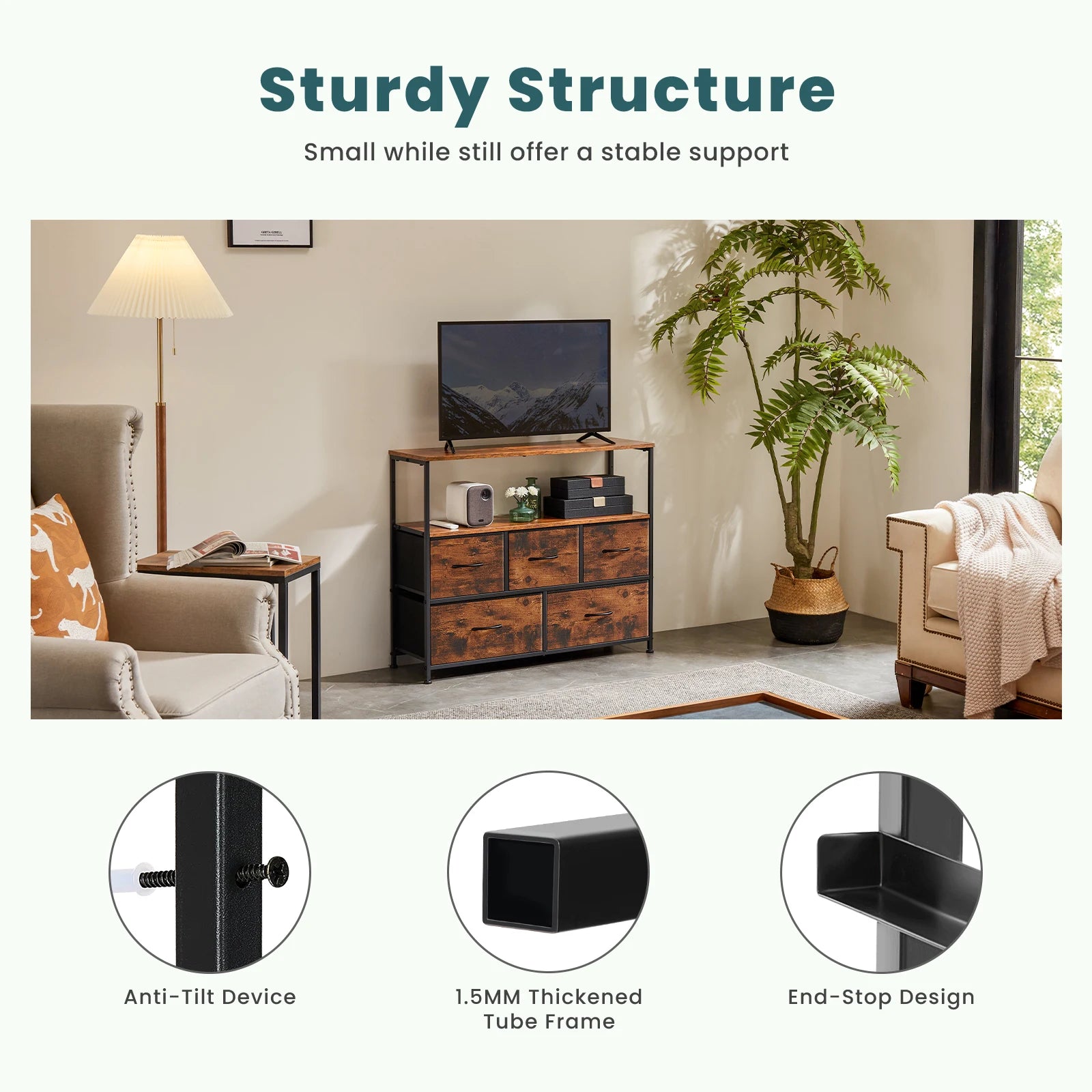 Fireplace TV Stand Dresser with 5 Fabric Drawers — Bedroom Storage Cabinet for 45" TVs