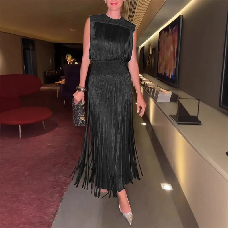 Sequin Tassel Evening Dress — Sleeveless O-Neck High Waist Slim Long Party Dress