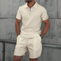 Men's Waffle Solid Color Zip Lapel Short Sleeve & Shorts Set – European Summer 2-Piece Suit