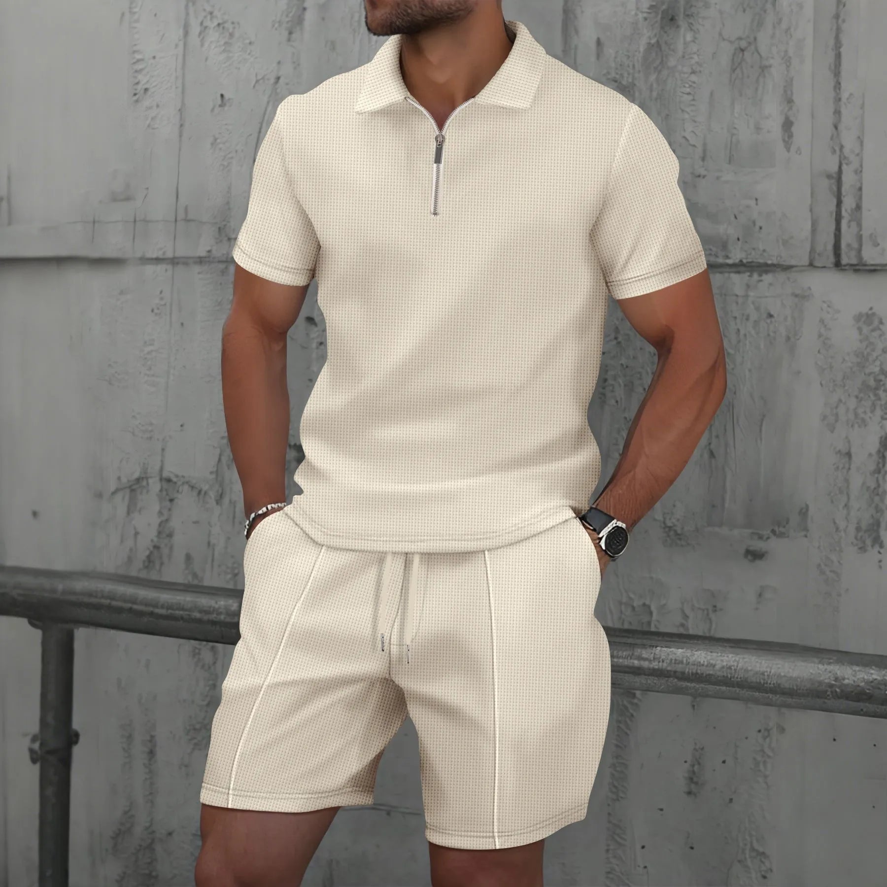 Men's Waffle Solid Color Zip Lapel Short Sleeve & Shorts Set – European Summer 2-Piece Suit