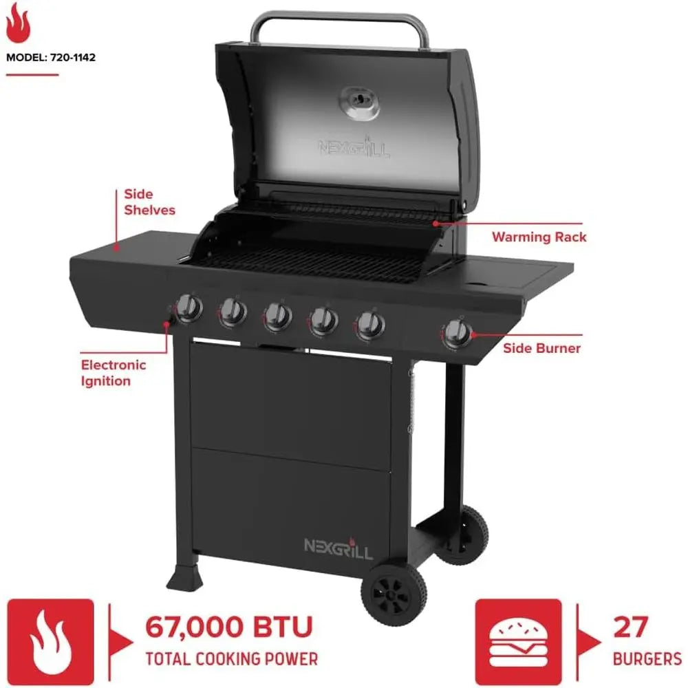 5-Burner Propane Gas Grill with Side Burner | 67,000 BTU, 618 Sq. In. Cooking Area, Porcelain Cast Iron Grates, Warming Rack, Outdoor Patio