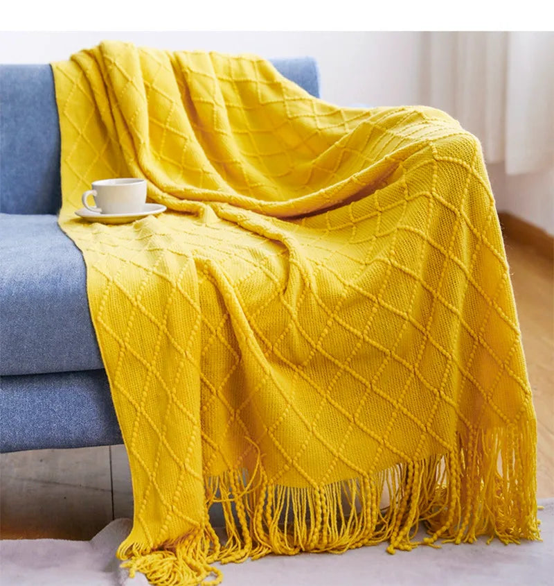 Knitted Acrylic Throw Blanket with Tassels – Chunky Farmhouse Style, 28 Colors & 2 Sizes