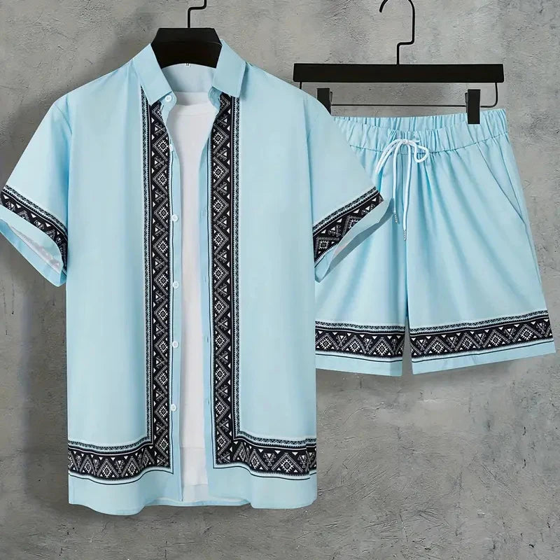 Men's Retro Textured Print Shirt & Shorts Set – Breathable Summer Holiday Pool Suit