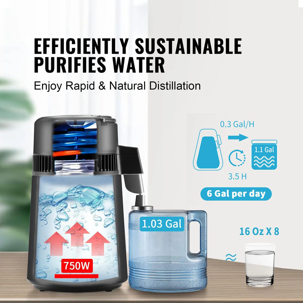 SucceBuy Water Distiller 4L — 750W Countertop Pure Water Purifier with Activated Carbon Filter