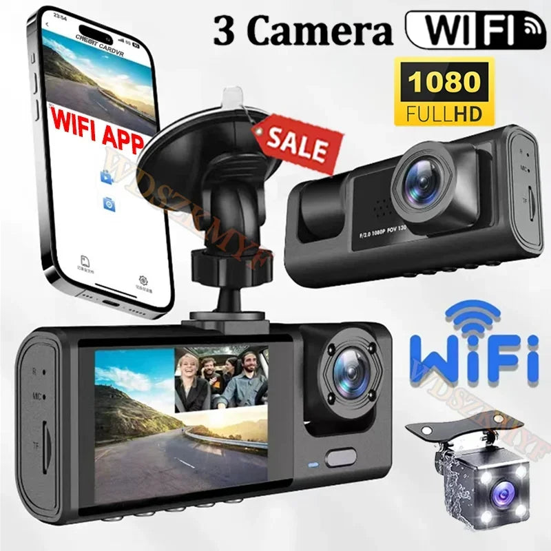 1080P 2/3-Lens WiFi Dash Cam – Front, Rear & Interior, Night Vision, G-Sensor, Loop Recording