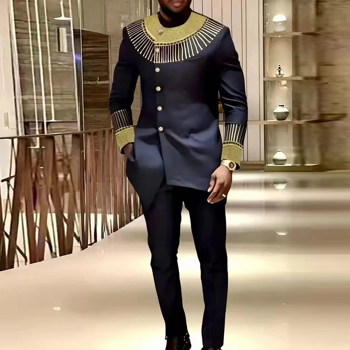 Men's African Kaunda Kaftan Long Sleeve Top & Pants 2-Piece Suit – Traditional Ethnic Wear