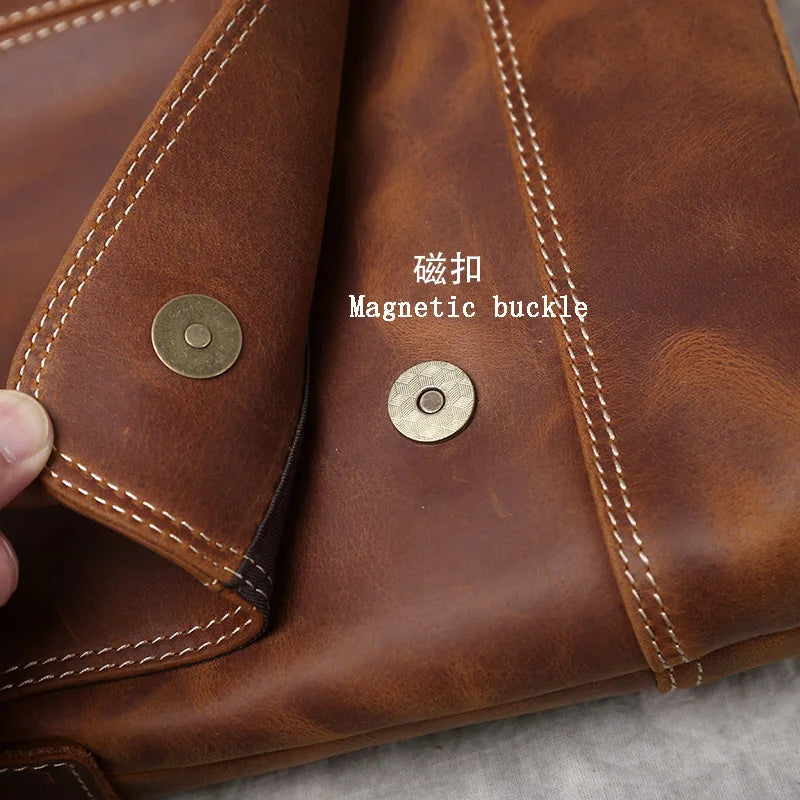 NZPJ New Leather Men's Shoulder Bag Retro Top Layer Cowhide A4 File Men's Bag Brown Handmade Crazy Horse Leather Messenger Bag
