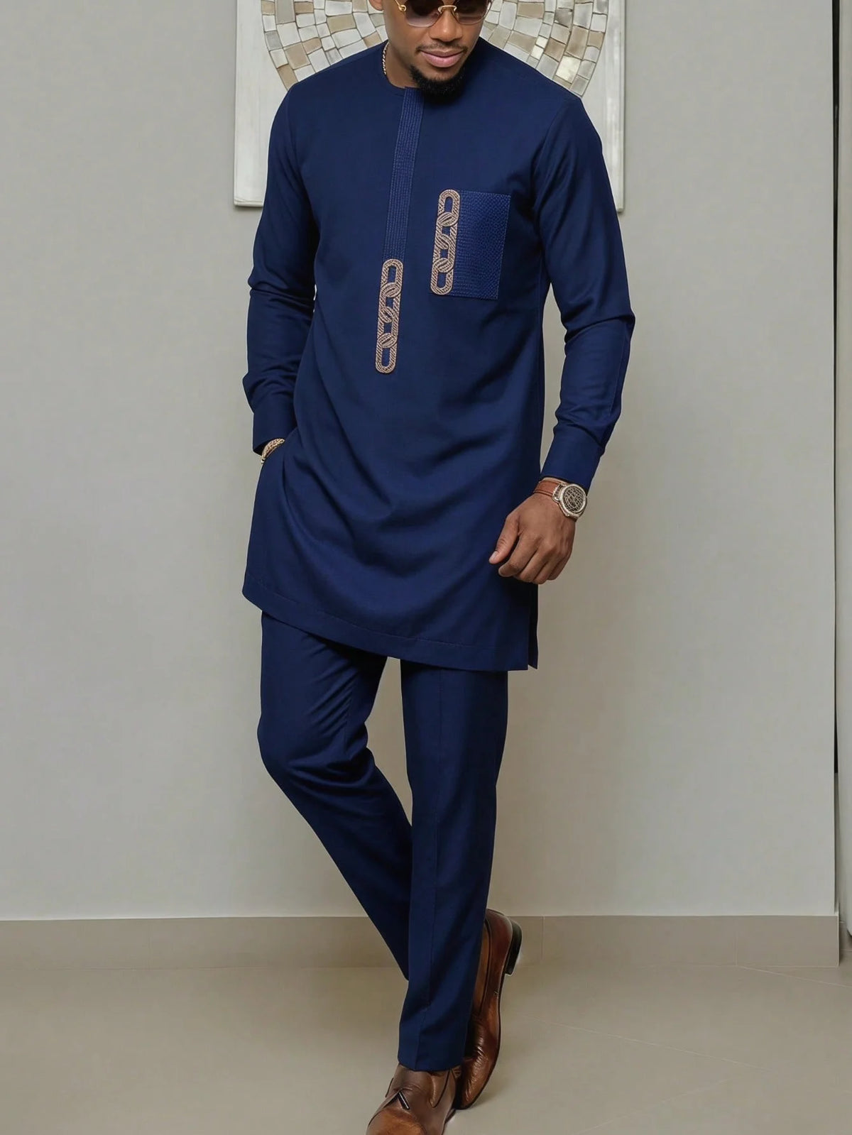 Men's African Kaunda Kaftan Long Sleeve Top & Pants 2-Piece Suit – Traditional Ethnic Wear