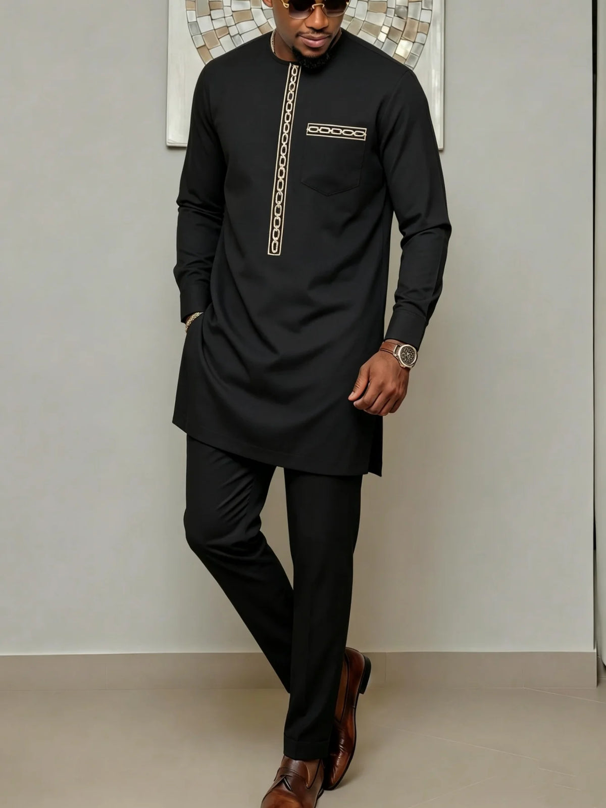 Men's African Kaunda Kaftan Long Sleeve Top & Pants 2-Piece Suit – Traditional Ethnic Wear