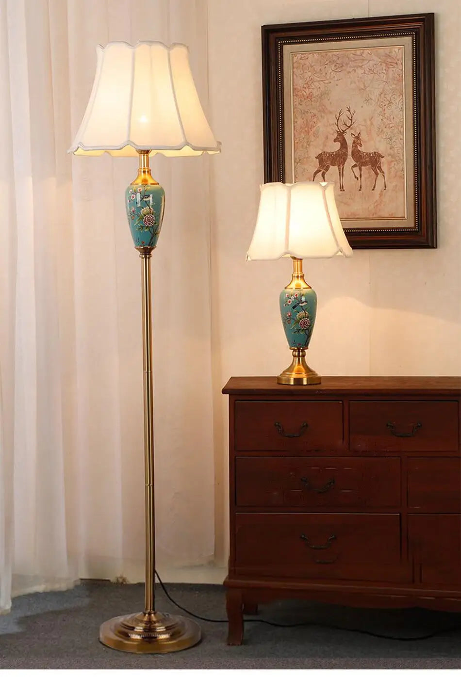 Ceramic Floor Lamp – Fabric Shade & LED Lighting