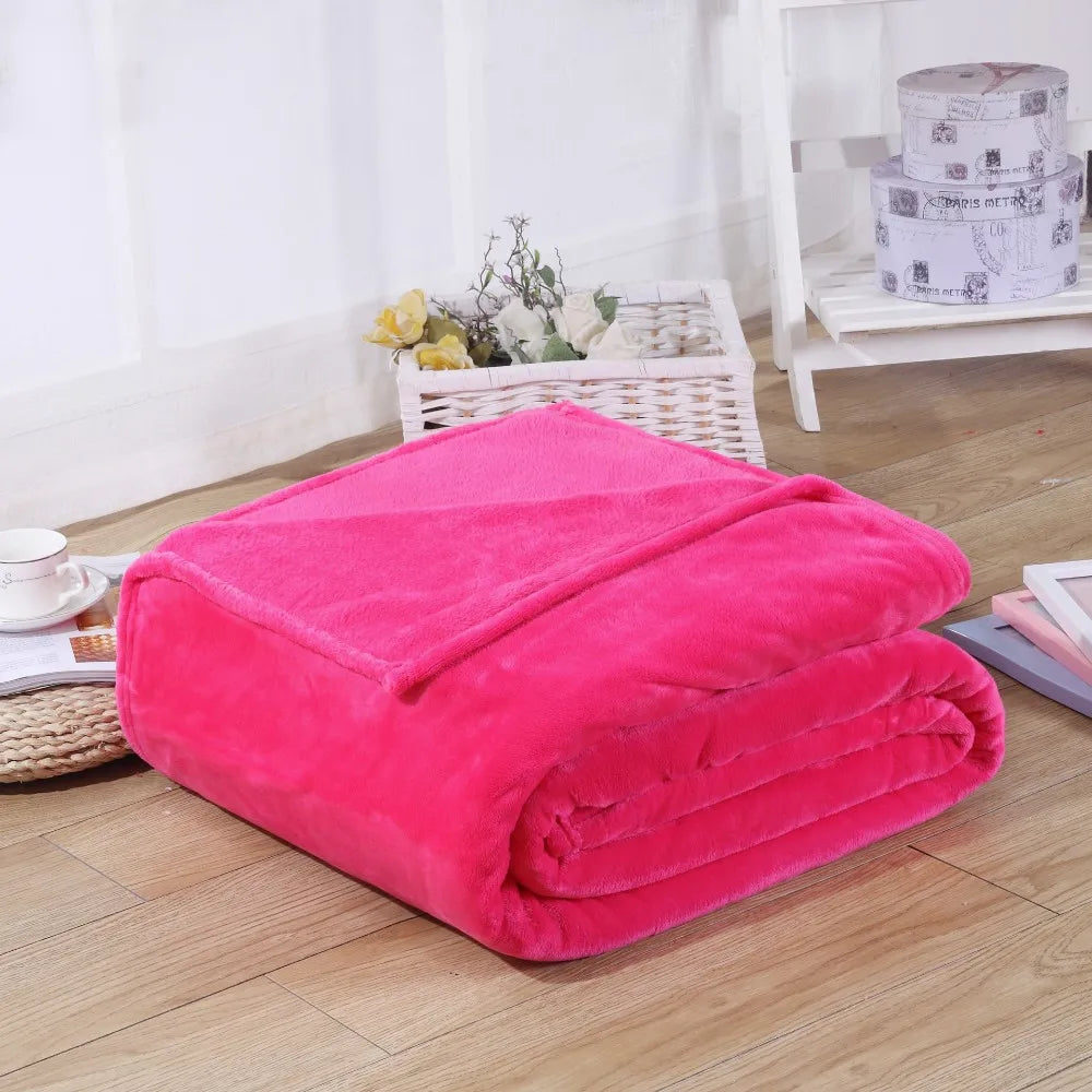 Coral Fleece Flannel Blanket – Solid Blue & Pink Soft Warm Bedspread & Sofa Cover