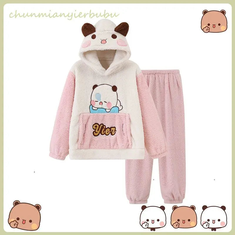 Kawaii Panda Bubu & Dudu Coral Fleece Lovers Pajamas | Cartoon Autumn Winter Sleepwear