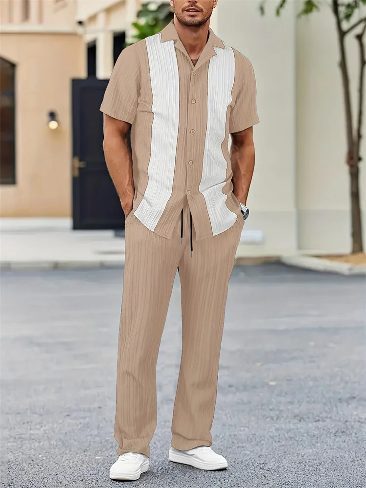 Men's 3D Striped Print Lapel Shirt & Shorts Casual Set – Autumn Outdoor 2-Piece