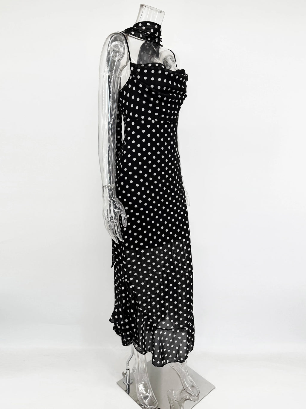 Elegant Polka Dot Halter Pleated Maxi Dress – Ruffle Sleeveless Evening & Party Dress
