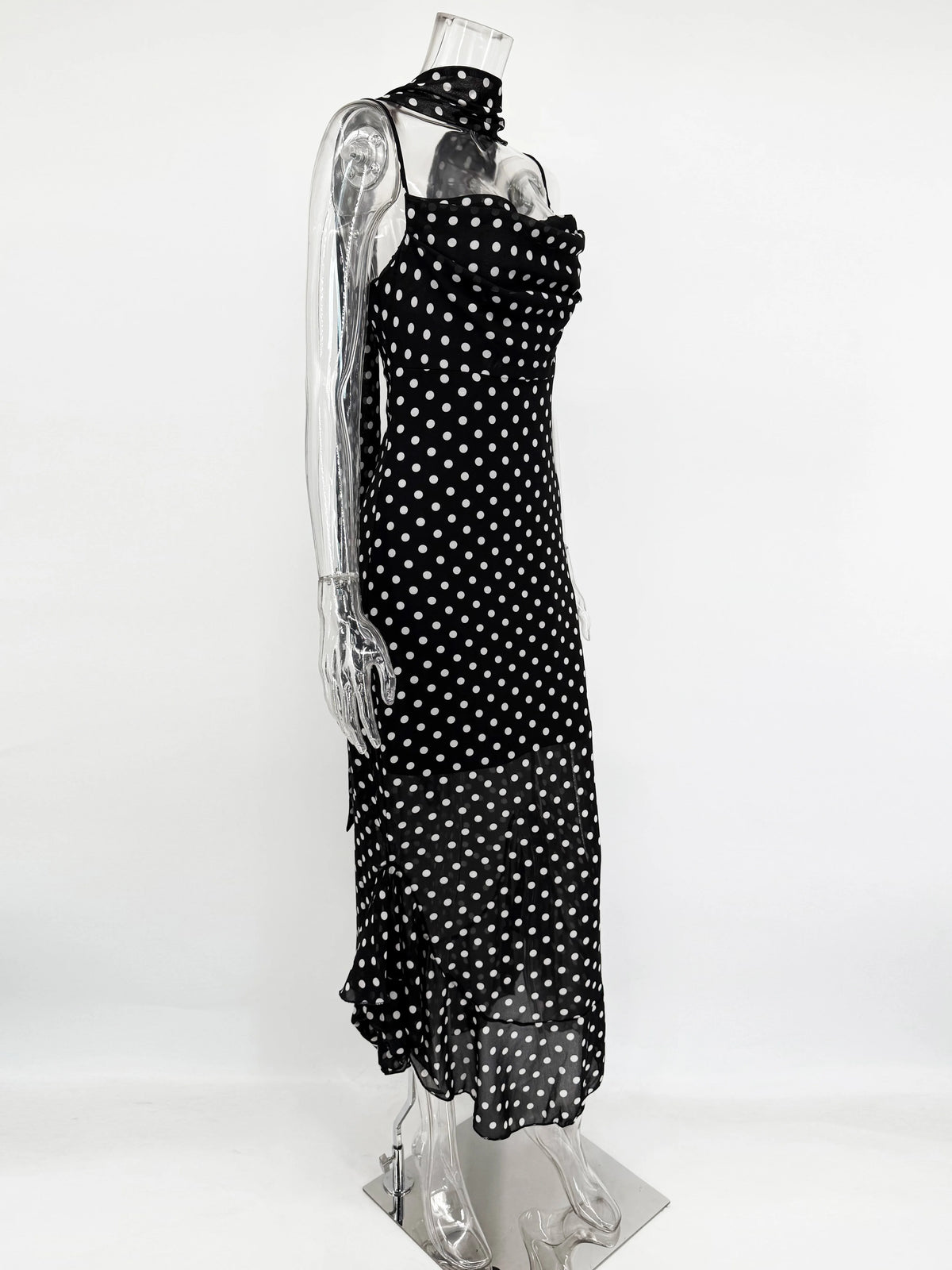 Elegant Polka Dot Halter Pleated Maxi Dress – Ruffle Sleeveless Evening & Party Dress