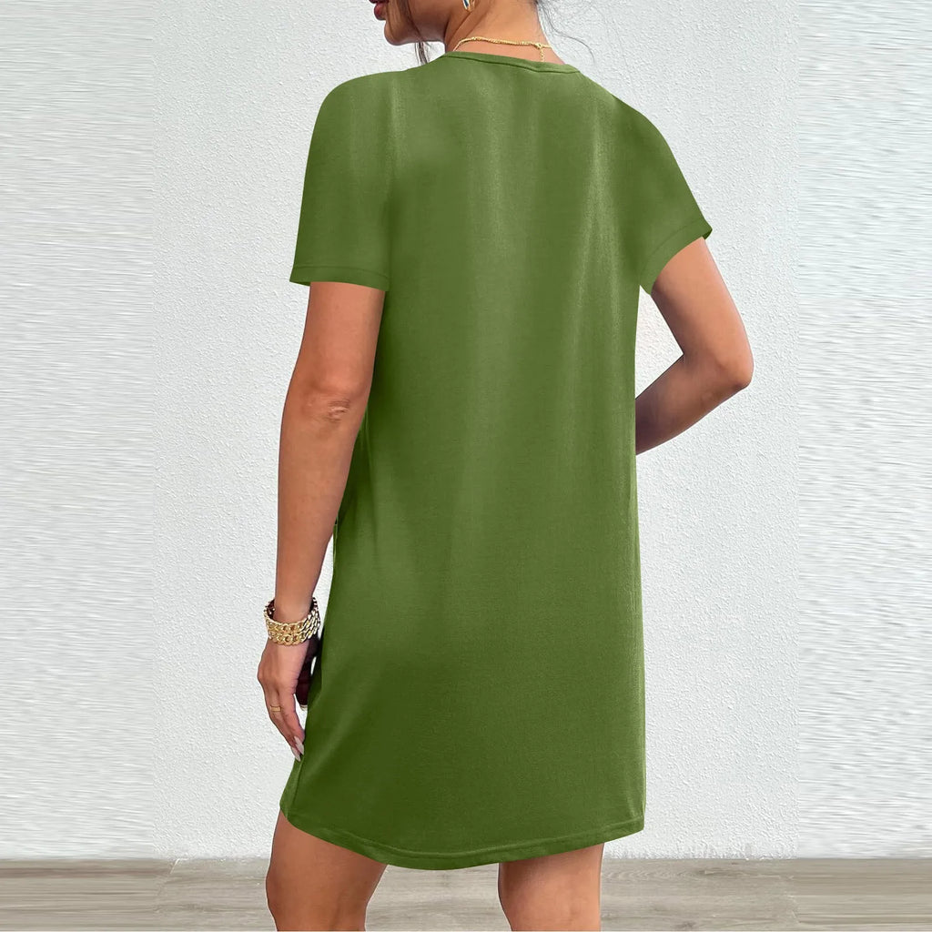 Solid Color Pocket Casual Sports Dress — Short Sleeve O-Neck A-Line Knee-Length Dress