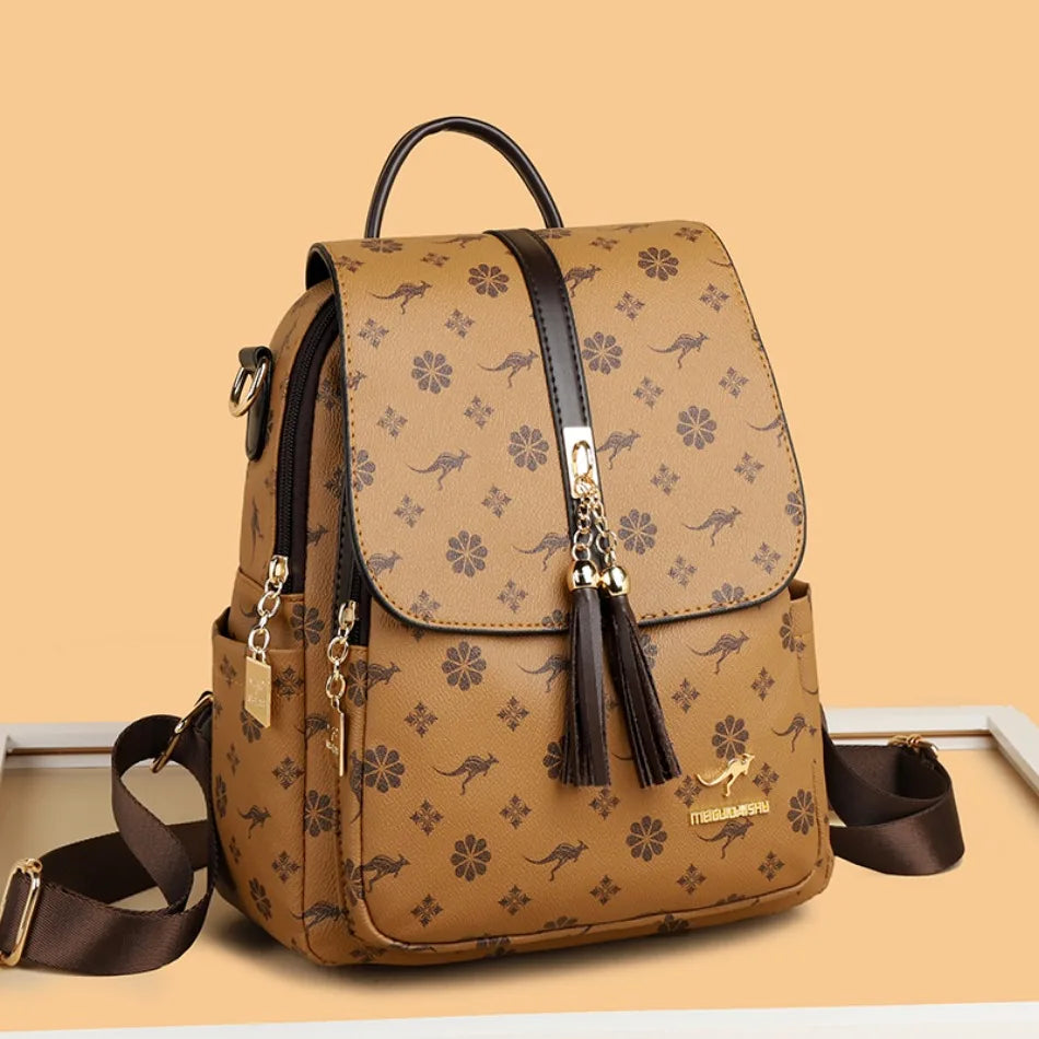 Women's Luxury Leather Backpack – Vintage Print Tassel Fashion Bag