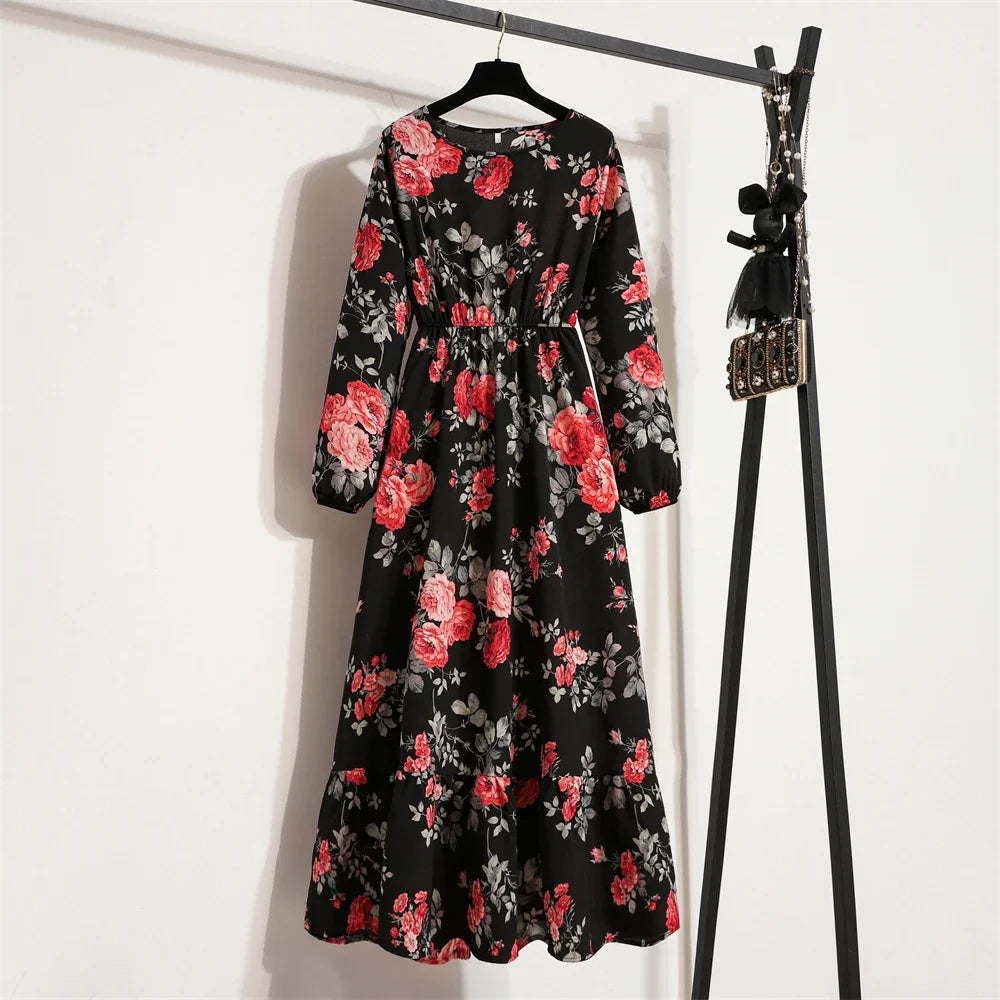 Full Sleeve Floral Geometry Print Boho Beach Party Dress — O-Neck Casual Maxi Dress