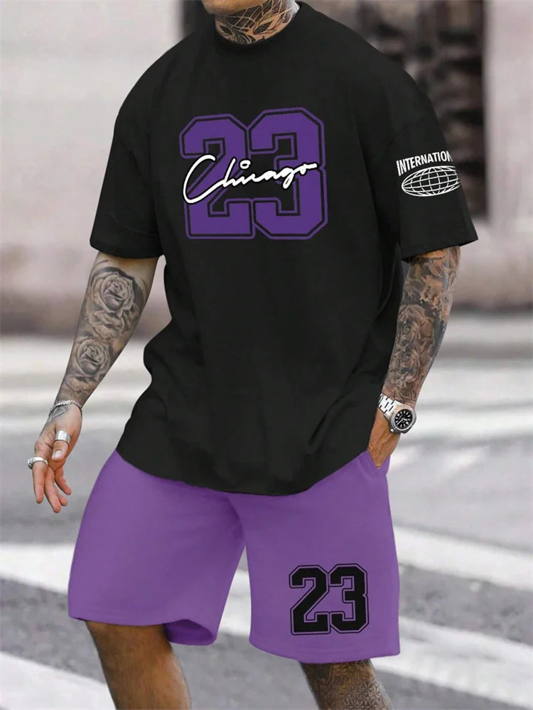 Men's Digital Print Crewneck T-Shirt & Drawstring Shorts Set
