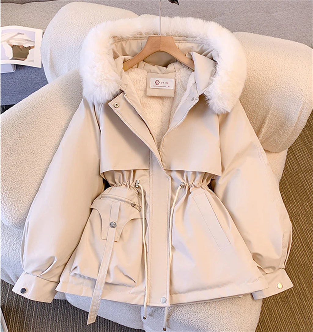 Women's Korean Hooded Padded Parka – Thick Zip-Up Drawstring Winter Coat