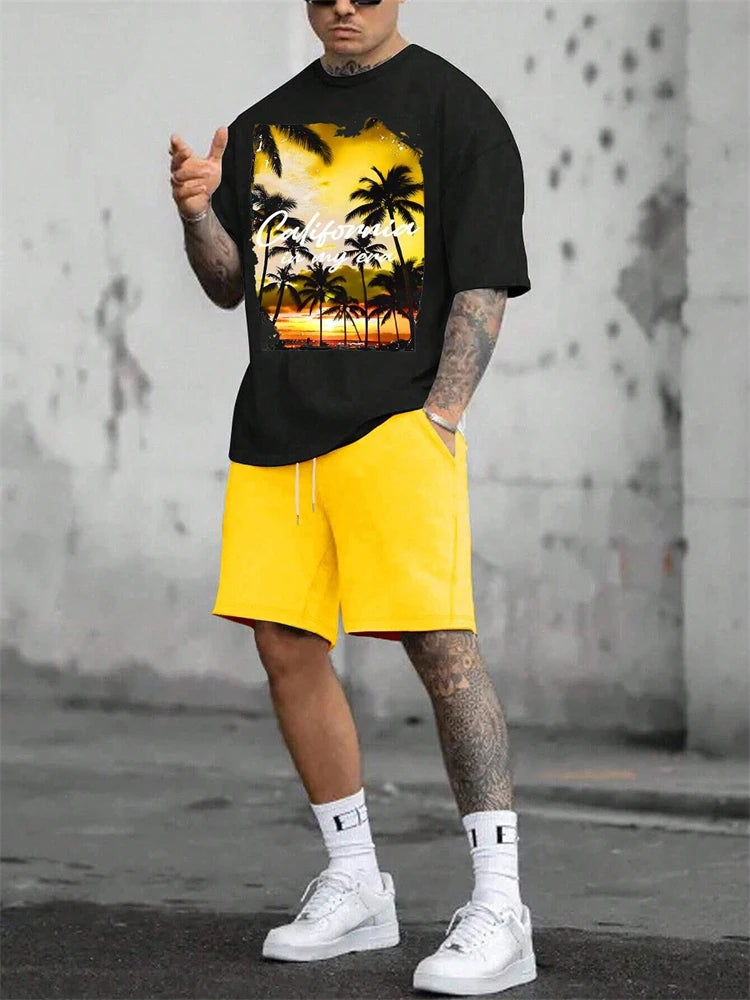 Men's Hawaiian Gradient Coconut Print T-Shirt & Pants 2-Piece Set – Beach Summer Sport