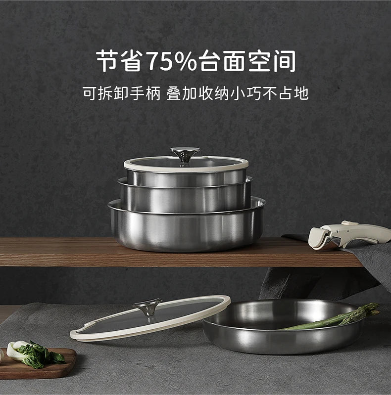 Stainless Steel Cookware Set – Detachable Handle & Nesting Design
