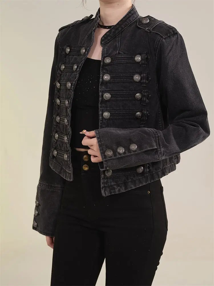 Women's Retro Button Slim Stand Collar Denim Jacket – Short Jean Coat in Black