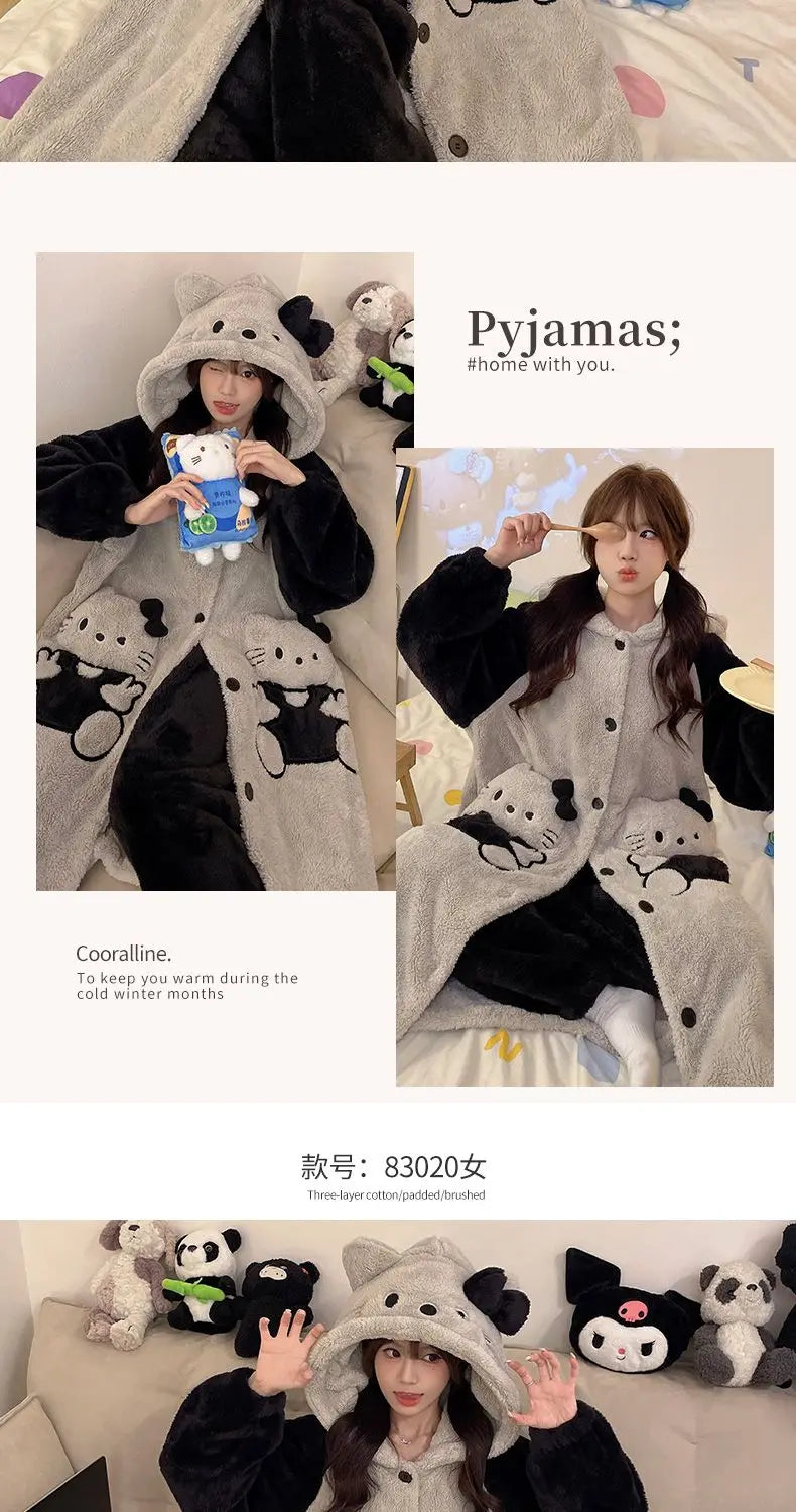 Women's Kawaii Coral Velvet Hooded Pajamas | Thickened Flannel Casual Homewear Suit
