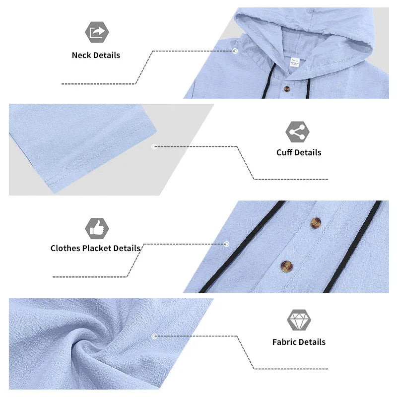 Men's Linen Casual Loose Hooded Henley Shirt & Long Pants Set – Relaxed Autumn 2-Piece Suit