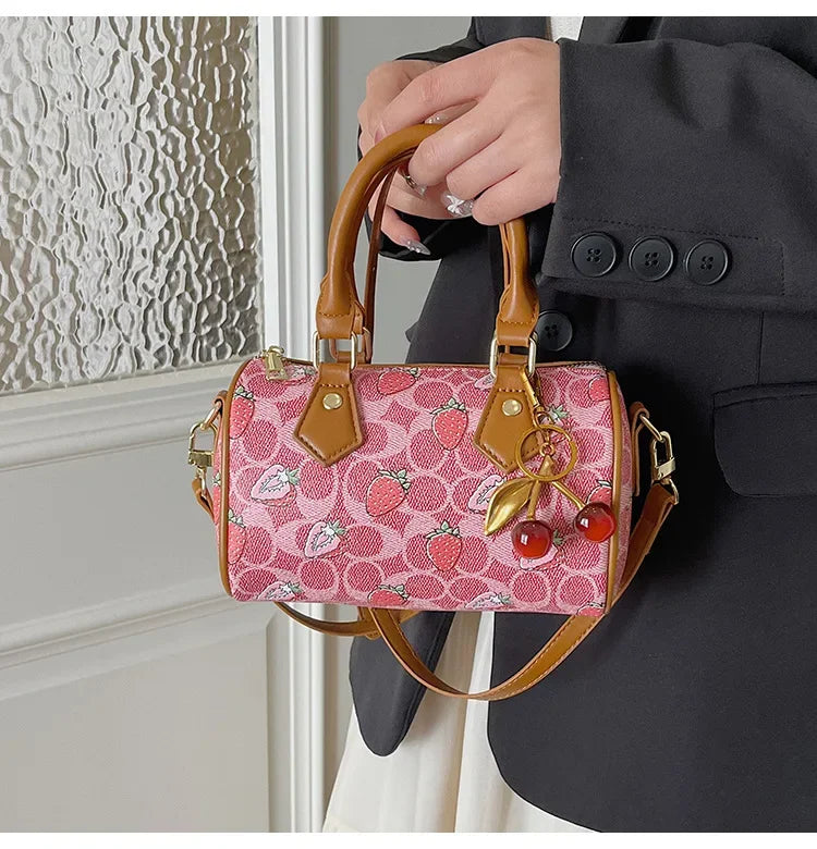 Cherry Print PU Leather Boston Crossbody Shoulder Bag – Luxury Designer Handbag for Women