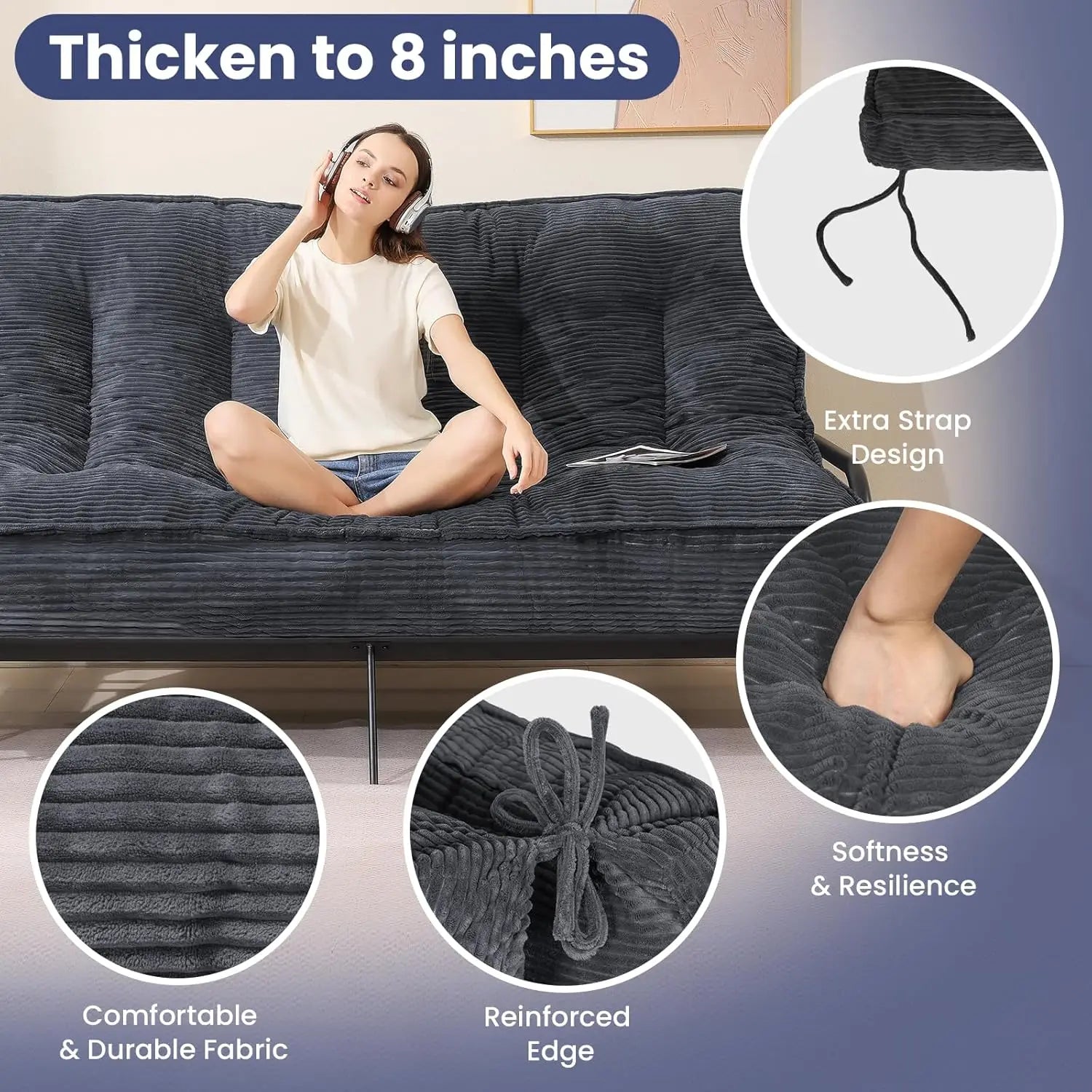 8" Thick Futon Mattress Full Size Shredded Foam Medium Firm Roll Up Folding Floor Sofa Bed Adults Customized