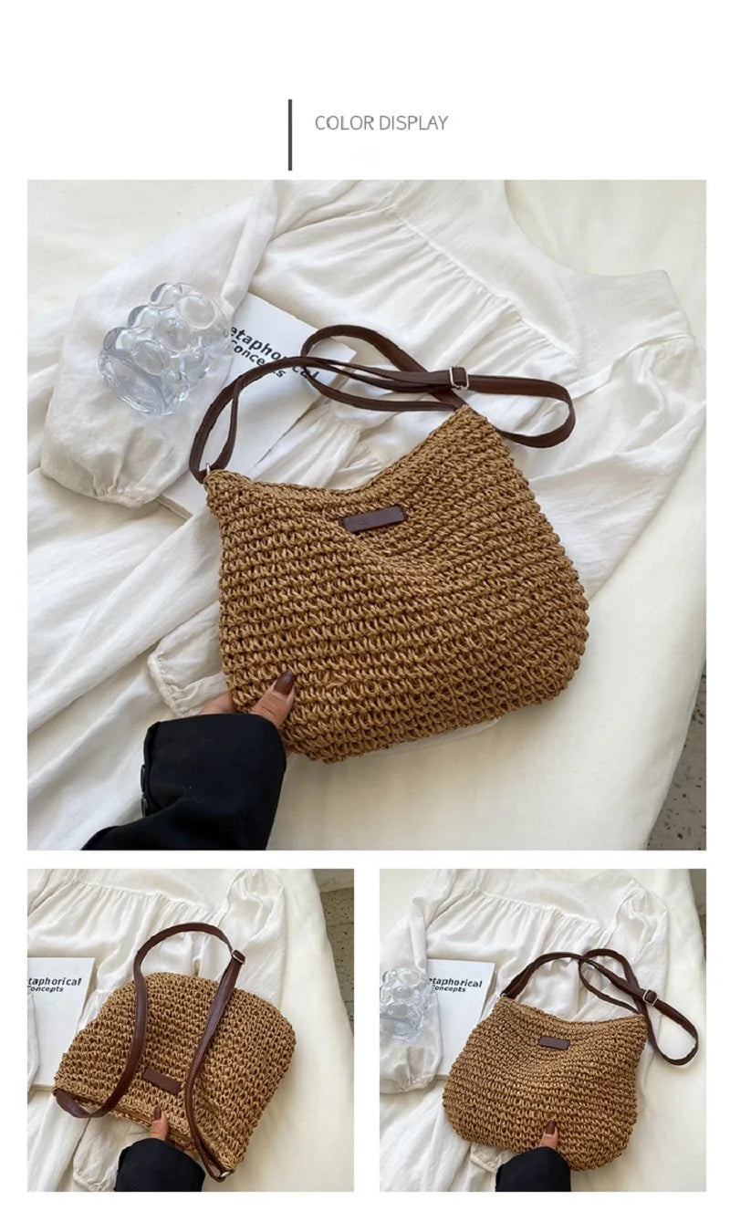 Woven Straw Crossbody Bag – Boho Beach Shoulder Bag for Women