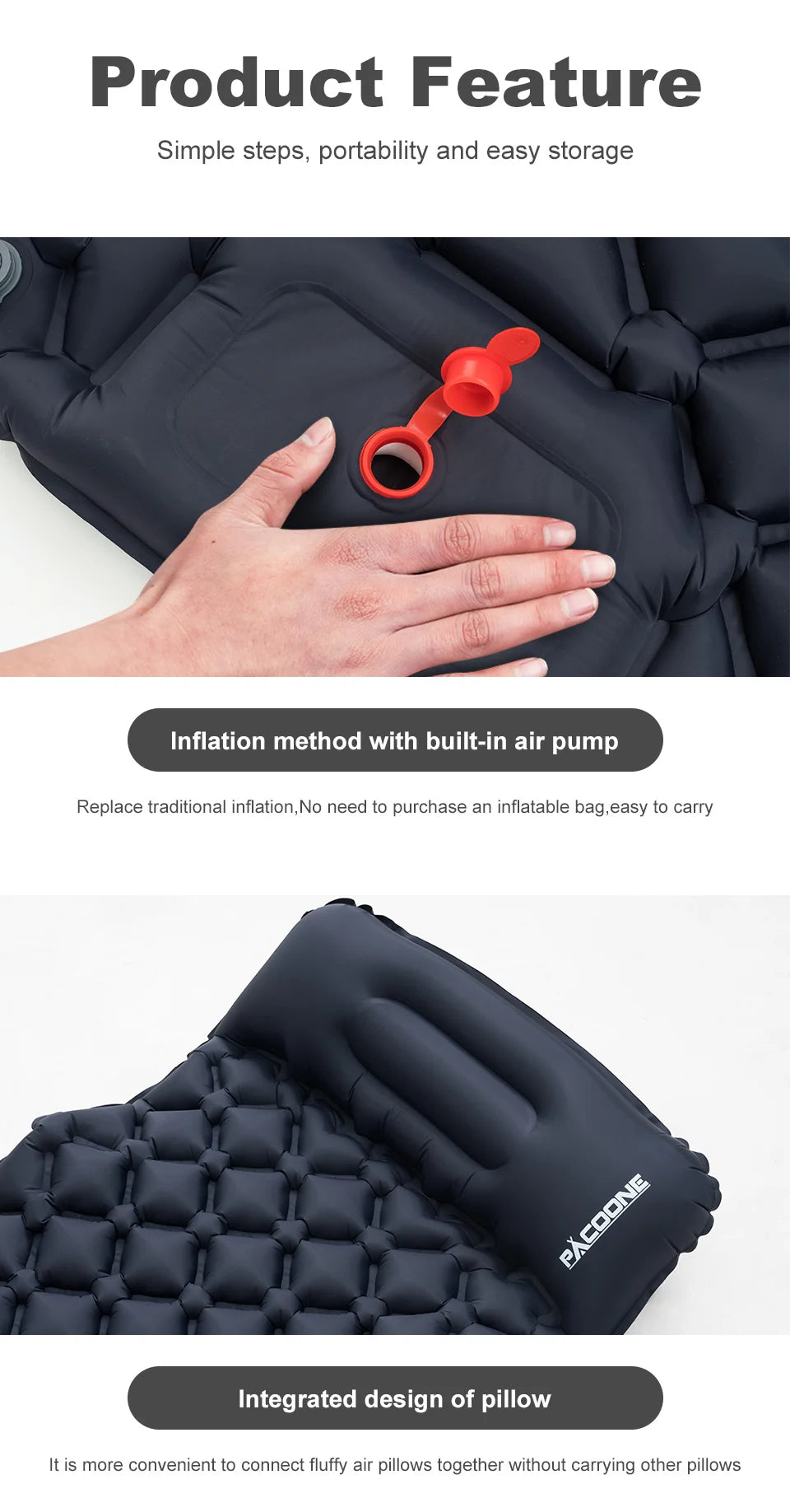 Outdoor Camping Inflatable Mattress with Pillow – Ultralight Air Mat with Built-In Pump for Hiking
