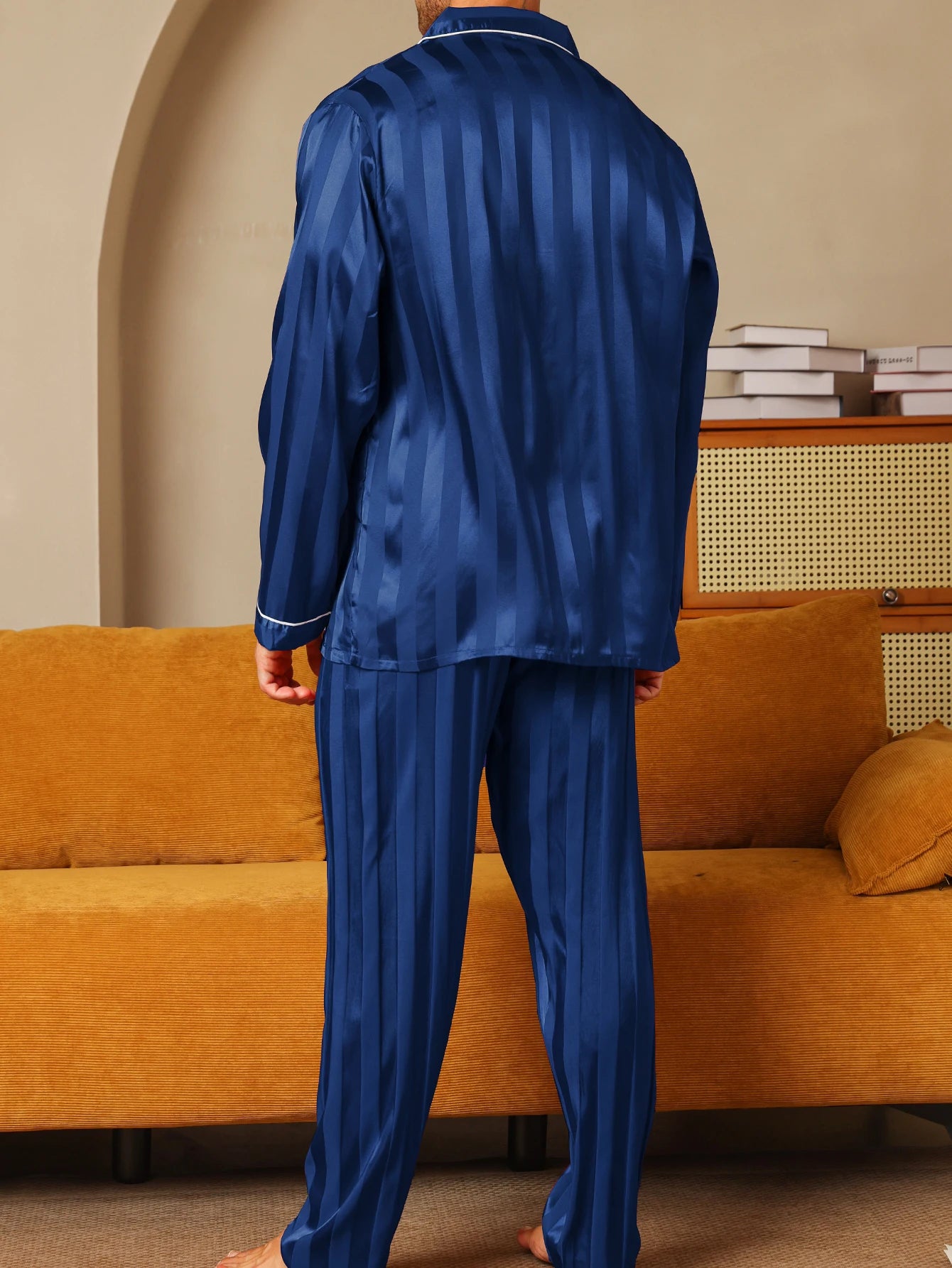 Men's Satin Silk Long Sleeve Pajamas Set | Minimalist Letter Embroidered Sleepwear