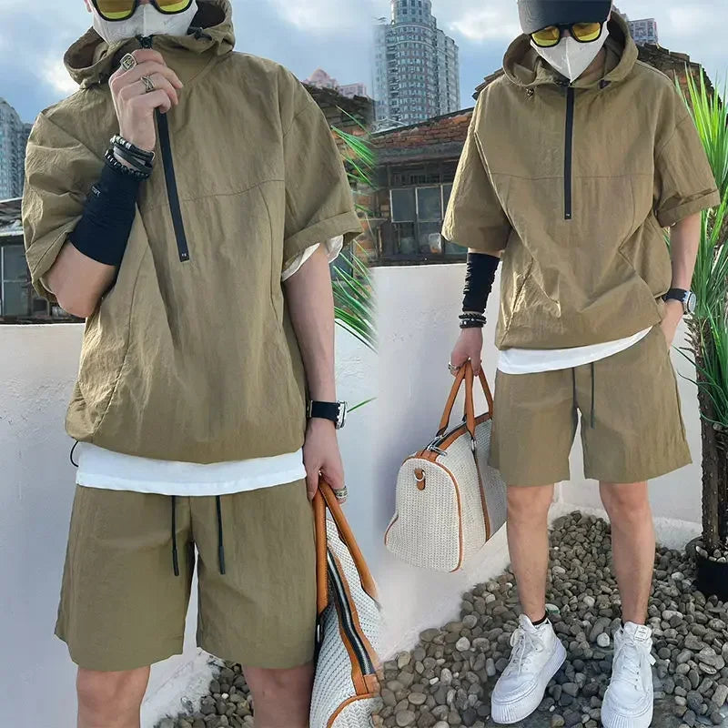 Men's Cargo Style Hooded T-Shirt & Shorts Set – Solid Loose Fashion Casual Sweatshirt Suit