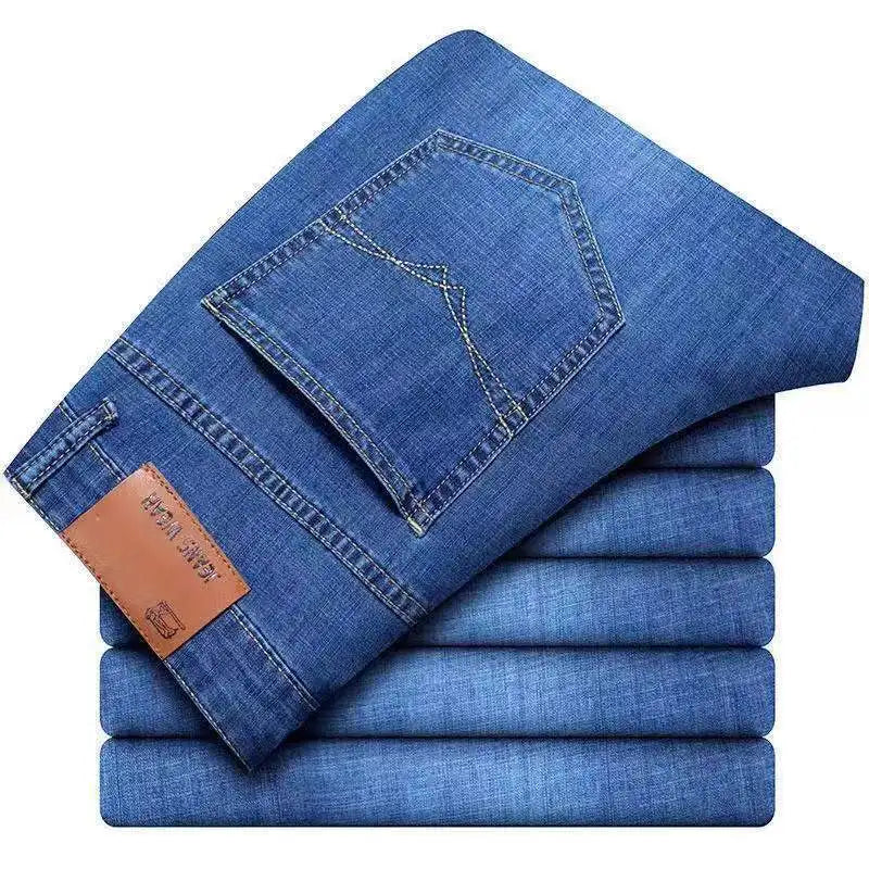 Men's Casual Straight Leg Jeans — Elastic Fit Classic Blue & Black Denim Pants