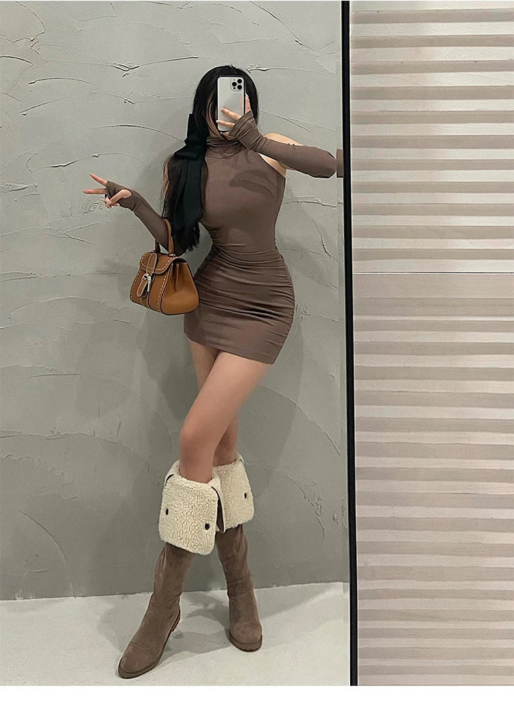 High Neck Lace-Up Pleated Mini Dress — Sleeveless Elastic Bodycon Party Dress