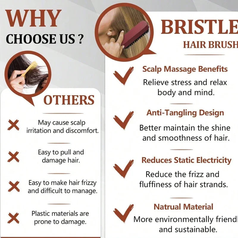 Premium Bristle Hairbrush with Wooden Handle – Frizz Reducer & Scalp Massage Brush