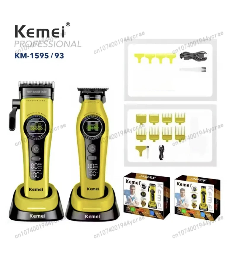 Kemei KM-1593 / KM-1595 Brushless Hair Clipper – DLC Blade, 8000 RPM, 200-Min Runtime, USB-C