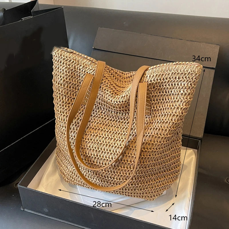 Handmade Straw Rattan Woven Tote Bag – Bohemian Beaded Summer Beach Shoulder Bag for Women
