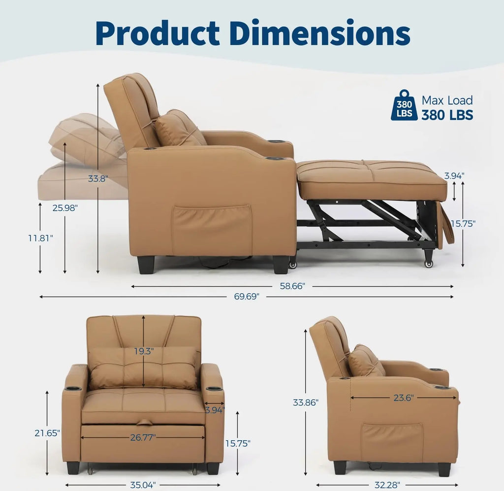 Convertible sleeper chair bed dimensions showing armchair, chaise lounge and sleeper bed configurations