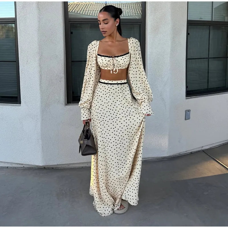 Polka Dot Puff Sleeve Crop Top & Maxi Skirt Set — Square Neck Tie-Front Vacation Outfit
