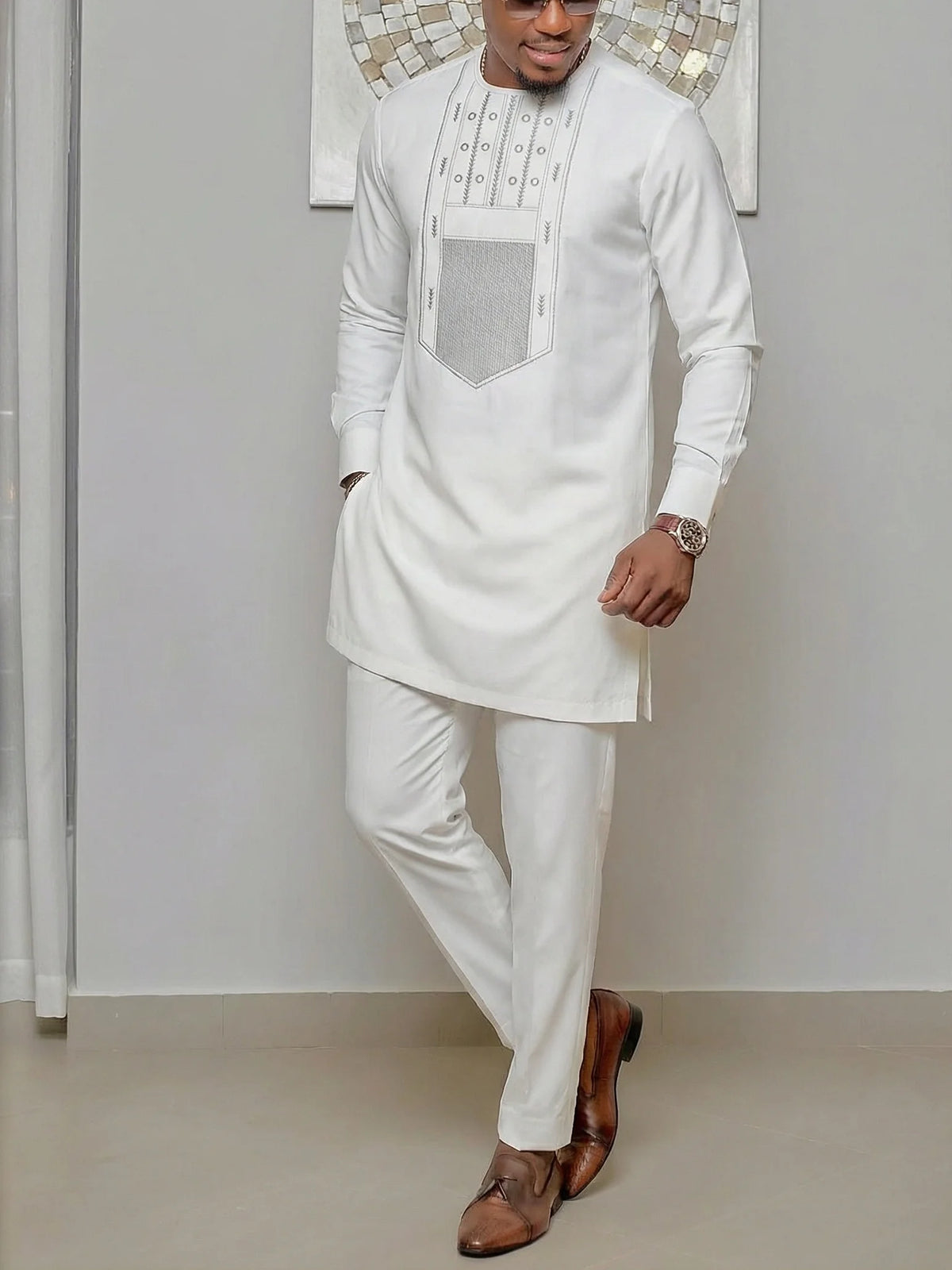 Men's African Kaunda Kaftan Long Sleeve Top & Pants 2-Piece Suit – Traditional Ethnic Wear