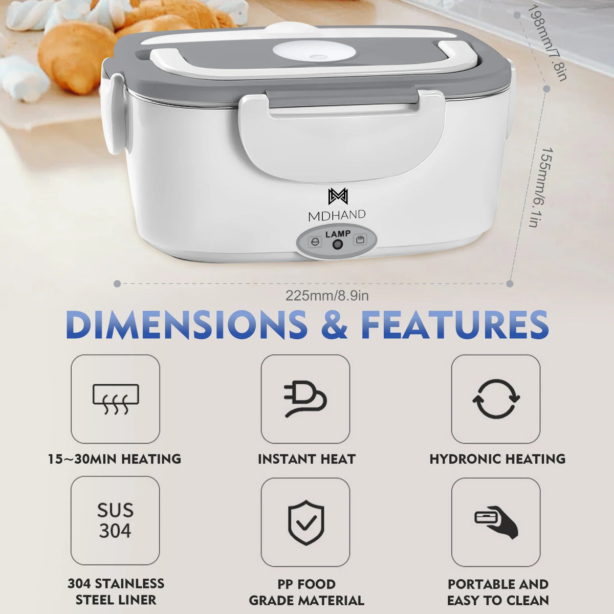 White and gray electric lunch box with dimensions and features displayed below.