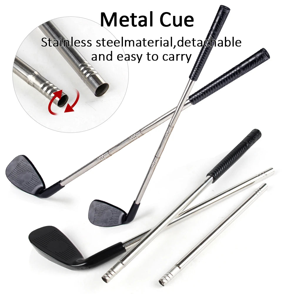 Set of metal golf clubs with detachable design on a white background