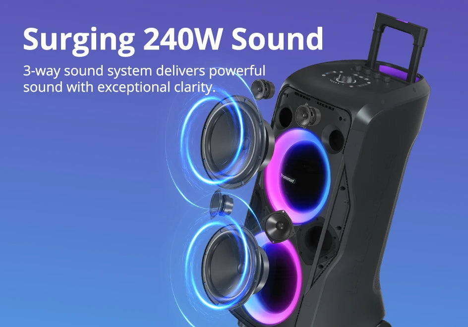 Tronsmart Halo 300 Party Speaker 240W — Bluetooth 5.3, 20H Battery, Mic/Guitar/XLR Input, Light Show