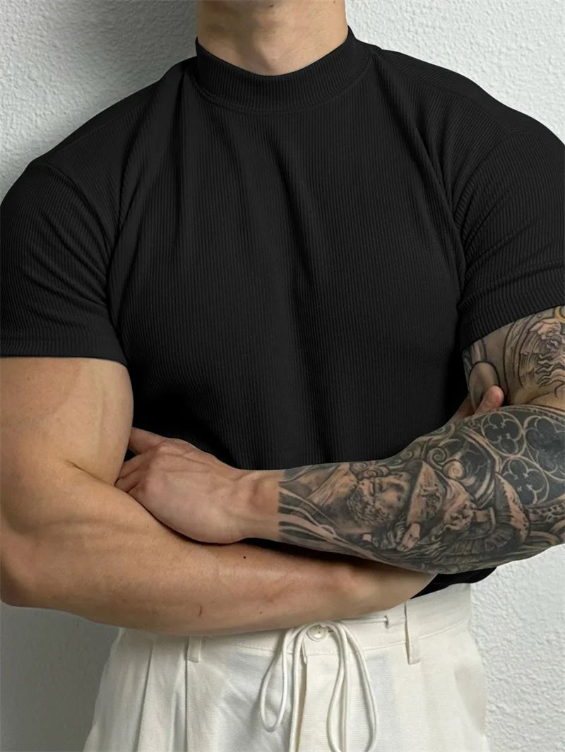 Men's Striped High Collar Short Sleeve Fitness Top — Athletic Training Shirt